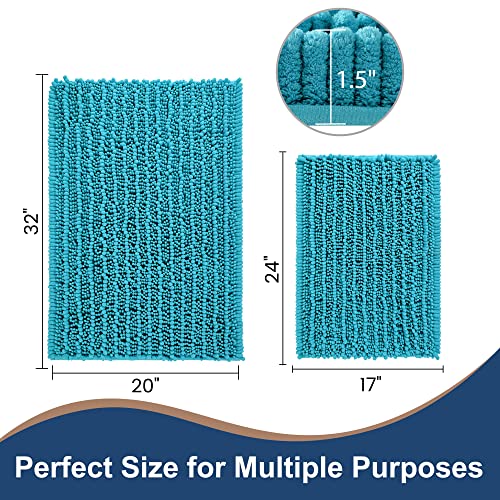 FLOLEOPA Luxury Chenille Peacock Blue Bathroom Rugs Bath Mats Sets, Extra Soft and Absorbent Bathroom Rugs Non Skid Machine Wash Dry Bath Mats（32"x20" Plus 17"x24"） - color: Peacock Blue, size: 32"x20" Plus 17"x24"