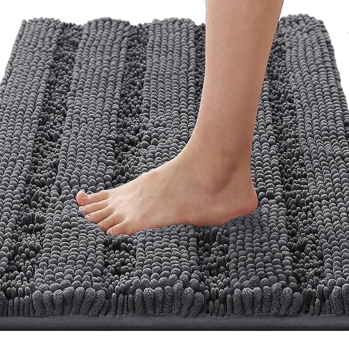 H.VERSAILTEX Bath Rugs for Bathroom Non Slip Bath Mats Extra Thick Chenille Striped Rug 20" x 32" Absorbent Non Skid Fluffy Soft Shaggy Washable Dry Fast Plush Mat for Indoor, Bath Room, Tub - Grey - color: Grey, size: 20" x 32"