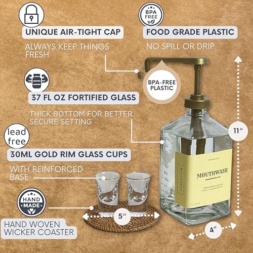 eBun Gold Mouthwash Dispenser Set, 37oz Glass Bottle with Pump & Cups | Large capacity pump dispenser for bathroom. Includes glass mouth wash bottle & matching cups for stylish daily oral care - color: Gold
