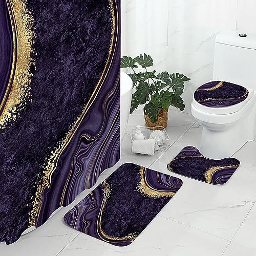 Gibelle 4 Pcs Luxury Marble Shower Curtain Set with Non-Slip Rugs, Toilet Lid Cover and Bath Mat, Gold Foil Purple Bathroom Decor Set with Shower Curtain and Rugs and Accessories - color: Purple