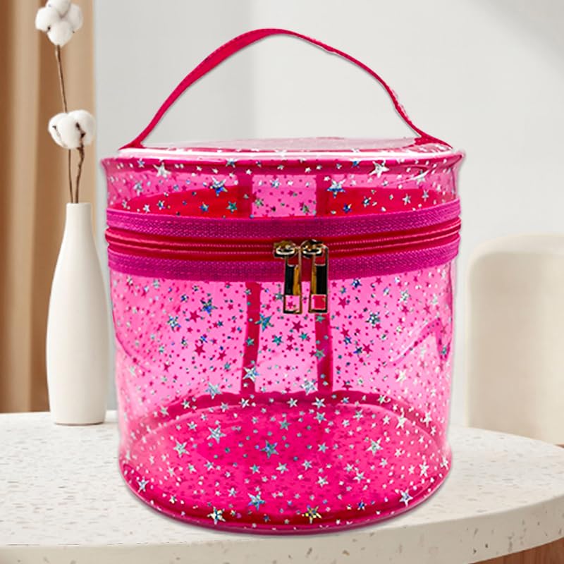Waterproof Pink Star PVC Makeup Bag - 7.1x6.3in Barrel Cosmetic Organizer with Zipper, Portable Toiletry Pouch for Women & Men (Pink) - color: Pink