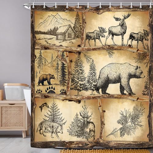 Rustic Cabin Shower Curtain for Bathroom, Wildlife Country Lodge Decor Bath Curtains, Animal Hunting Camping Fabric Waterproof Shower Curtain Set with Hooks, 72X84 in - color: Animal, size: 72"W x 84"L (Pack of 1)