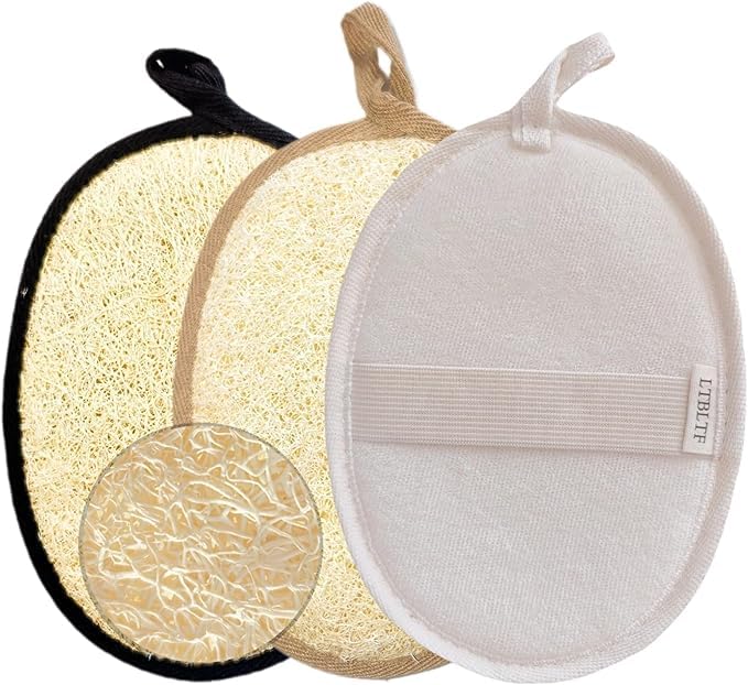 Premium Egyptian Loofah 3-Pack-3-Color Individual Hygiene Set for Family,Natural Organic Exfoliator Body Scrubber,Skin-Friendly Spa Bath Sponge with Hand Strap for Deep Cleansing - color: White,brown,black