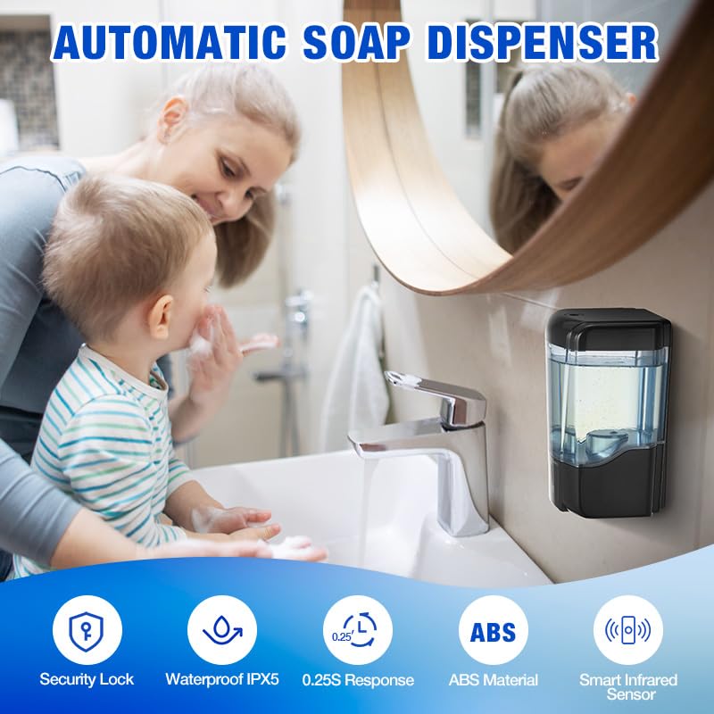 2 Pack Automatic Soap Dispenser Touchless,600 ml / 20 oz Commercial Hand Soap Dispenser,Wall Mount Hand sanitizer Dispenser for Bathroom Offices Home Kitchen Hotel（Black） - color: Black