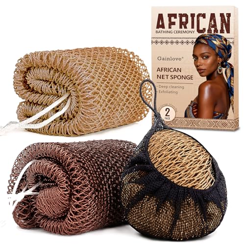 2 Pack African Net Sponge Exfoliating Body Scrubber Bath Sponge for Daily Use (Dark Brown+Light Brown) - color: Dark Brown+light Brown