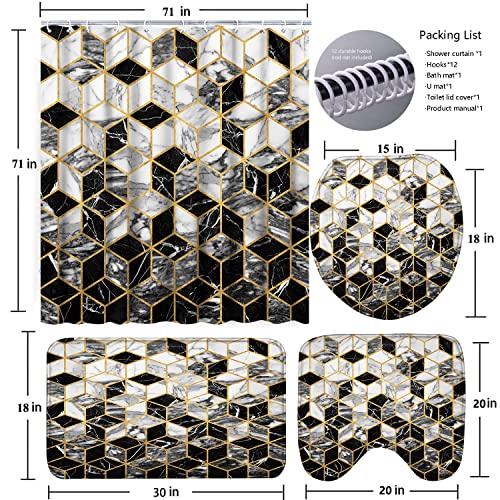 Poedist 4 Pcs Bathroom Shower Curtain Set, Honeycomb Marble Bathroom Sets with Rugs(Bath Mat,U Shape and Toilet Lid Cover Mat) and 12 Durable Hooks - color: Black White