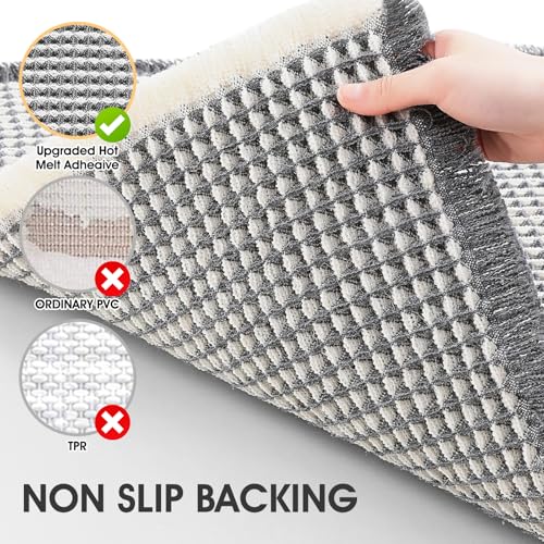 IM HOME Waffle Bath Mat Set 3 Piece Darkgrey & Cream,Woven Modern Bath Rug Mats, Absorbent Non Slip Bath Floor Mat, Soft Washable Boho Bath Rugs with Tassels for Bathroom, Bedroom, Kitchen, Tub