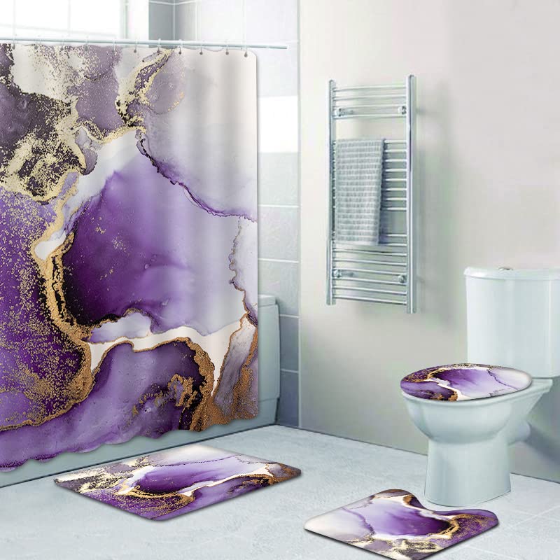 Marble Bathroom Sets with Rugs for Bathroom Decor, 72x72 Inches Gold Shower Curtain with Non-Slip Rugs and Accessories, Waterproof Machine Washable Bath (SC-Sets-purble Gold Marble) - color: Sc-sets-purble Gold Marble