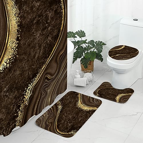 Gibelle 4 Pcs Luxury Marble Shower Curtain Set with Non-Slip Rugs, Toilet Lid Cover and Bath Mat, Gold Foil Brown Bathroom Decor Set with Shower Curtain and Rugs and Accessories - color: Brown