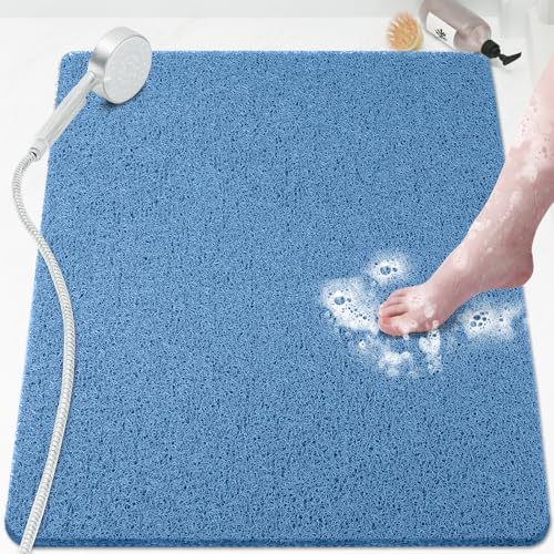 Shower Mat Bathtub Mat Non-Slip,32x24 inch, Soft Tub Mat with Drain,PVC Loofah Bath Mat (Phthalate Free) for Tub and Bathroom,Lake Blue - color: Lake Blue, size: 32" x 24" (Rectangular)