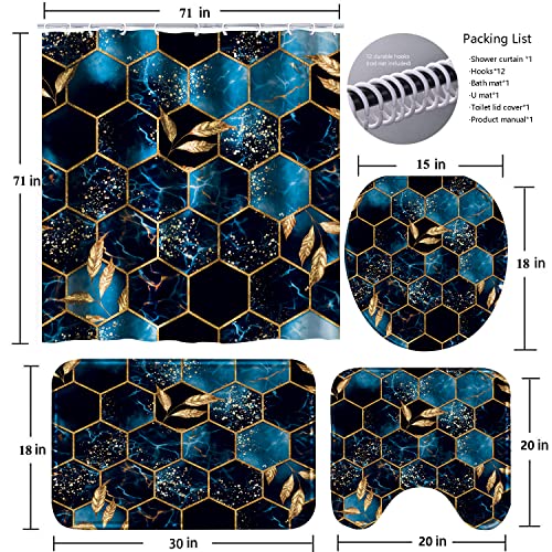 Poedist 4 Pcs Bathroom Shower Curtain Set,Bathroom Sets with Rugs(Bath Mat,U Shape and Toilet Lid Cover Mat) and 12 Hooks,Sky Blue Honeycomb Marble - color: Blue