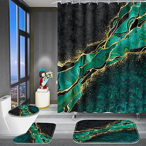 Poedist 4 Pcs Gold Edge Marble Bathroom Shower Curtain Set, Bathroom Sets with Shower Curtain and Rugs(Bath Mat,U Shape and Toilet Lid Cover Mat) and 12 Hooks-Green - color: Green Yellow