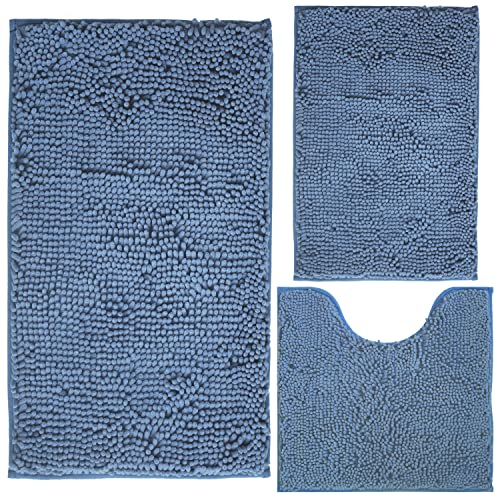 Bathroom Rugs Chenille 3-Piece Extra Soft and Absorbent Shag Bathroom Rugs, Machine Wash Mat, Strong PVC Non-Slip Underside, Plush Carpet Mats (Deep Blue) - color: Deep Blue, size: 2'8" x 1'8" (16x24"+20x32"+20x20"U shape）