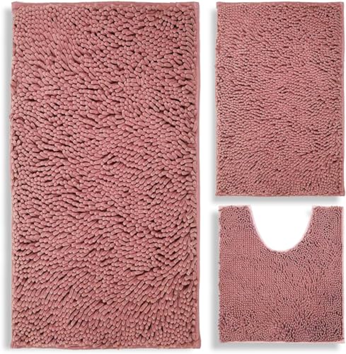 Bathroom Rugs Chenille 3-Piece Extra Soft and Absorbent Shag Bathroom Rugs, Machine Wash Mat, Strong PVC Non-Slip Underside, Plush Carpet Mats (Deep Pink) - color: Deep Pink, size: 2'8" x 1'8" (16x24"+20x32"+20x20"U shape）