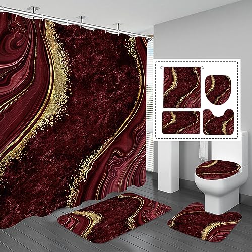 Gibelle 4 Pcs Luxury Marble Shower Curtain Set with Non-Slip Rugs, Toilet Lid Cover and Bath Mat, Gold Foil Red Bathroom Decor Set with Shower Curtain and Rugs and Accessories - color: Red
