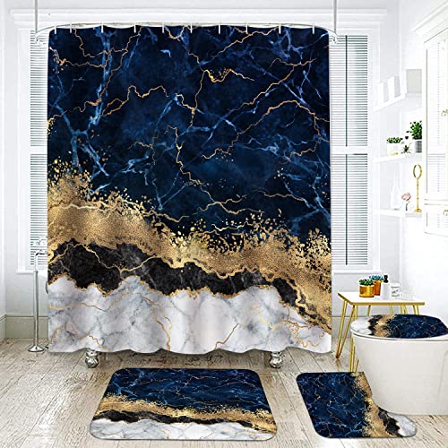 Marble Bathroom Sets with Rugs for Bathroom Decor, 72x72 Inches Gold Shower Curtain with Non-Slip Rugs and Accessories, Waterproof Machine Washable Bath (SC Set-marblebluegold) - color: Sc Set-marblebluegold