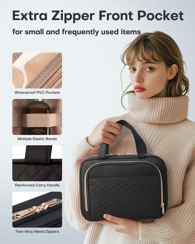 HOTOR Hanging Travel Toiletry Bag Women Men, Black, Large | Waterproof Makeup Bag Hanging Hook,Multiple Pockets,Travel Essentials,12.6 x 4.3 x 9.9inches - color: Black, size: Large