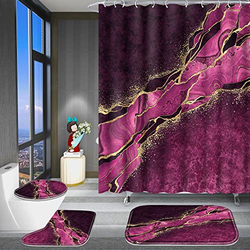 Poedist 4 Pcs Gold Edge Marble Bathroom Shower Curtain Set, Bathroom Sets with Shower Curtain and Rugs(Bath Mat,U Shape and Toilet Lid Cover Mat) and 12 Hooks-Rosy - color: Red Rose