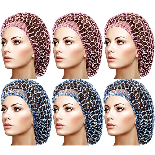 Geyoga 6 Pieces Hair Net Snoods for Women Sleeping Mesh Soft Rayon Knit Crochet Hairnet Long Short Curls Hair Cover Accessory (Pink, Blue) - color: Pink, Blue