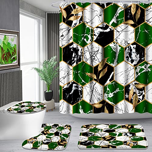 Poedist Shower Curtain Set with Rugs,Bathroom Accessory Set, Including Non-Slip Rugs,Toilet Lid Cover and Bath Mat, Waterproof Shower Curtain with 12 Hooks,Green and White Honeycomb Marble - color: Green White