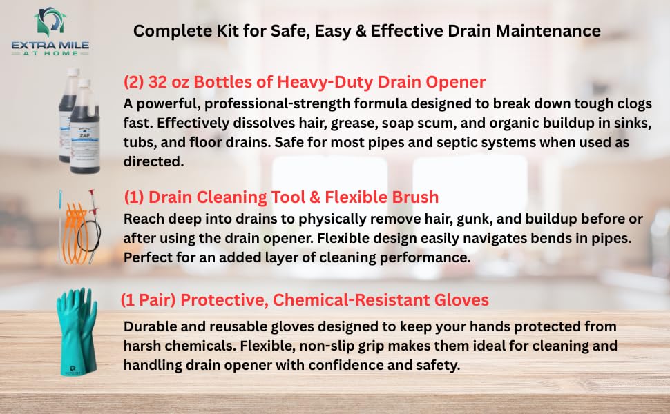 Drain Clog Remover Bundle with Two 32 fl oz Drain Cleaner Bottles, Cleaning Tools & Protective Gloves - 6 Items - Heavy-Duty Acid Formula for Tough Kitchen Sink & Shower Clogs