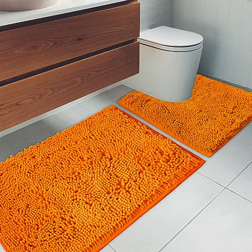 Bathroom Rugs Chenille Bath mat 2 Piece Set, Super Absorbent, Strong PVC Non Slip Backing, Bath mats for Bathroom, Plush Shaggy, Thick, Machine Washable, Bathtub, Shower, Toilet.(Orange) - color: Orange, size: 20''×20''U-Shape+20''×32''