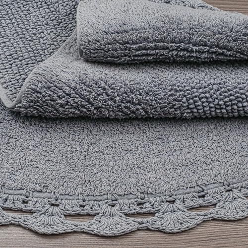 Half Moon Circle Bohemian Bathroom Rug with Handwoven Chrochet Border, Beautifully Handcrafted 100% Cotton Mat - 22x42", Round Boho Bedroom Rug, Boho Bathroom Décor, Machine Washable - Charcoal Grey - color: Charcoal Grey, size: 1'10" x 3'6" (Semicircular