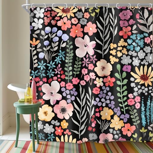 Riyidecor Extra Long Black Floral Shower Curtain for Bathroom Decor 72Wx84H Watercolor Cute Plants Spring Girly Women Colorful Boho Art Printed Fabric Polyester Waterproof 12 Pack Plastic Hook - color: E-black, size: 72"W x 84"L (Pack of 1)