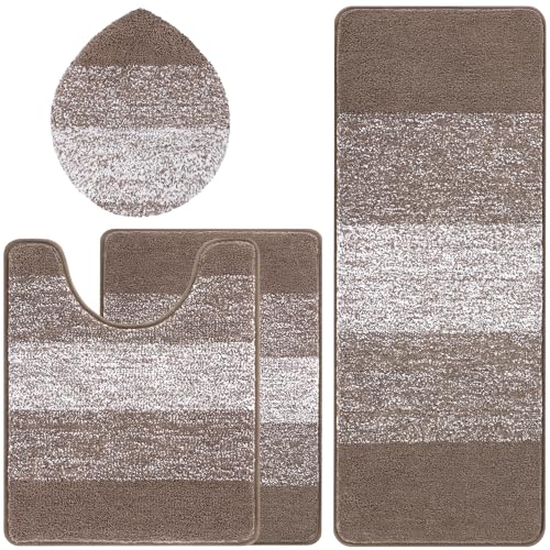 Bsmathom Bathroom Rugs Sets 4 Piece with Toilet Lid Cover, Non-Slip Bathroom Rugs and Mats Sets, Absorbent Bath Rugs Microfiber Shaggy Machine Washable Bath Rug Set, Coffee - color: Coffee, size: 20"x31"+20"x59"+U20"x24"+Cover19"x21"