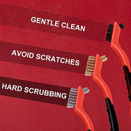 MAXMAN Wire Brush Set 3Pcs, Small Wire Brushes for Cleaning, Rust Remover, Scrub Brush, Detailing Brush, Metal Brush, Stainless Steel/ Brass/ Nylon Bristles Bristle Brush, Scratch Brush, (Red) - style: 3 PCS Brass/Stainless Steel/Nylon Bristles Red