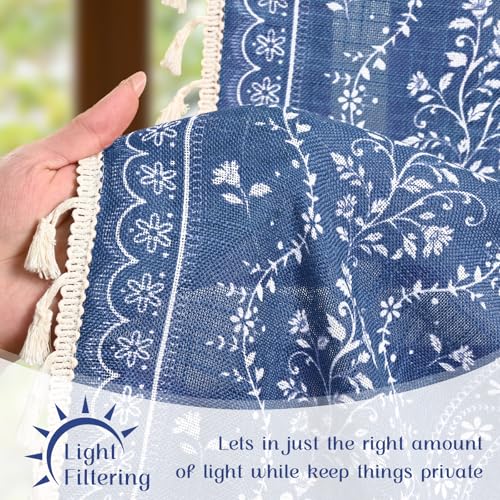 Yinhua Boho Swag Valance Curtains Vintage Linen Valances for Windows Light Filtering Floral Kitchen Valance Rod Pocket Farmhouse Rustic Tassel Window Valances for Bathroom Cafe, 60" W x 36" L, Blue - color: Blue, size: 60"W x 36"L (Pack of 1)