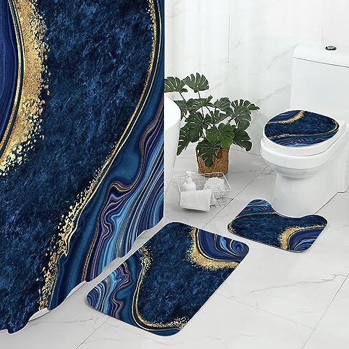 Gibelle 4 Pcs Luxury Marble Shower Curtain Set with Non-Slip Rugs, Toilet Lid Cover and Bath Mat, Gold Foil Navy Blue Bathroom Decor Set with Shower Curtain and Rugs and Accessories - color: Navy Blue