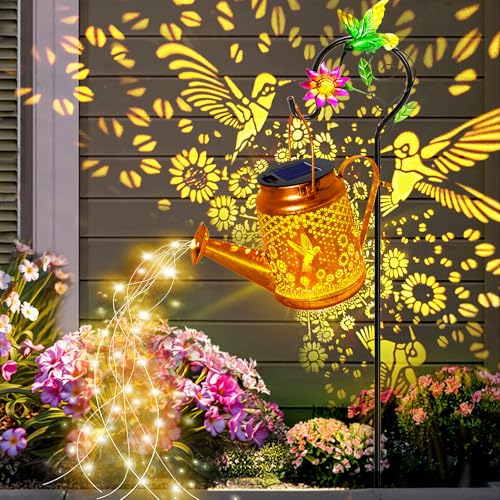 Hummingbird Solar Lights Outdoor Waterproof, Birthday Gifts for Christmas Mom Grandma Women, Solar Watering Can Lights with Shepherd Hook, Metal Hanging Lantern Garden Decor Yard Outside Patio Lawn - color: Hummingbird
