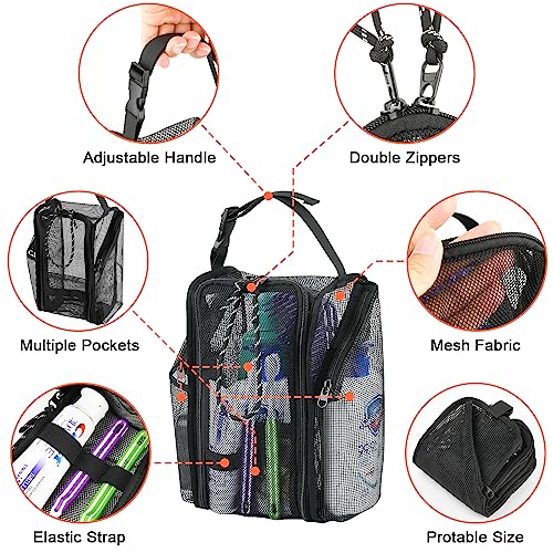 Cosmos Mesh Shower Caddy Toiletry Organizer Hanging Shower Tote Bag, Quick Dry Shower Organizer Portable Bath Bag with Durable Zippers & Side Pockets for Travel, Gym, Swimming, Beach and Camp - color: Black