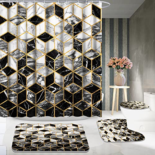 Poedist 4 Pcs Bathroom Shower Curtain Set, Honeycomb Marble Bathroom Sets with Rugs(Bath Mat,U Shape and Toilet Lid Cover Mat) and 12 Durable Hooks - color: Black White