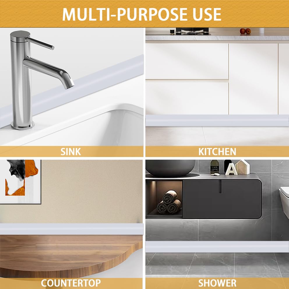 Soengsau Peel and Stick Splash Guard for Countertop, Shower Water Dam Barrier, Waterproof Caulk Seal Strip for Kitchen and Bathroom Sink Cooktop Edge (White, 39" L x 0.59" H)