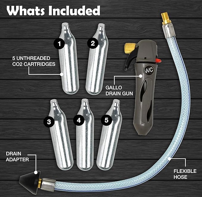 RedRock Gallo Drain Gun with 5 Unthreaded CO2 Cartridges for A/C Condensate Line Air Conditioner Cleaner Blaster Opener Kit with Five Cartridge Clears HVAC Clogs - color: Black