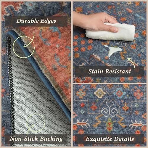 JTJ Farmhouse Kitchen Rug Set of 3 with Runner, Washable Non-Slip Low Pile Kitchen Mats, Navy Blue Vintage Distressed Floor Rugs for Sink, Laundry Room, Entryway & Hallway - color: Blue / Terracotta