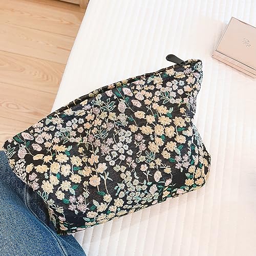 HAPPYHEIDI Women Aesthetic Makeup Bag With Compartment Accessory Zipper Pouch for Cosmetics Travel, Purse Organizer, Embroidery Lucky Flowers Black - color: 001 Black Teabreak Little Flowers Embroidery