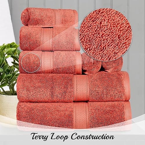 BLUENILEMILLS BNM Madeline Egyptian Cotton Heavyweight Towels, Ideal for Shower, Spa, Hotel, 800 GSM, Face/Washcloths, Hand Towels, Bath Towels, Highly-Absorbent, Luxury, 9 Piece Towel Set, Coral - color: Coral, size: 9-Piece Towel Set