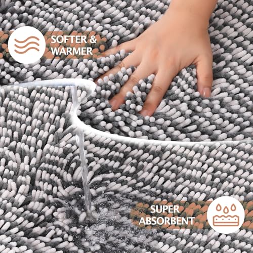 Chenille Bathroom Rugs Set 2 Piece, Absorbent Bath Rugs, Non-Slip Bath Mats, Machine Washable Rugs for Bathroom Floor, Tub and Shower, Grey&White (47 x 20 Plus 17 x 24 - Inch) - color: Gray & White-2