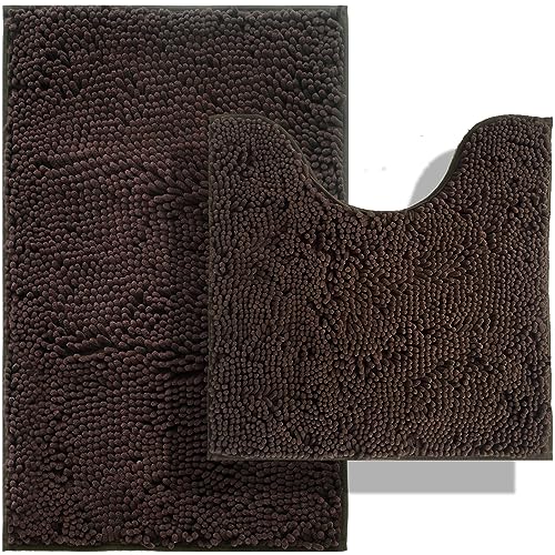 BOANKODU Bathroom Mat Sets 2 Piece, Absorbent Non-Slip Very Soft Chenille Mat, 32x20 Inch + 20x20 Inch U Shape, Machine Washable (Coffee) - color: Coffee, size: 20" x 32" + 20" x 20" (U-Shape)