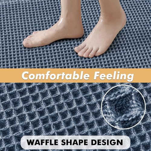 MIULEE Set of 2 Waffle Bathroom Rugs, Boho Bath Rugs Non Slip Washable, Super Absorbent Bath Mats, Ultra Soft Rubber Backed Shower Mats for Bathroom Floor, Tub, Blue, 17"x24"+18"x30" - color: Blue, size: 17''x24'' + 18''x30''