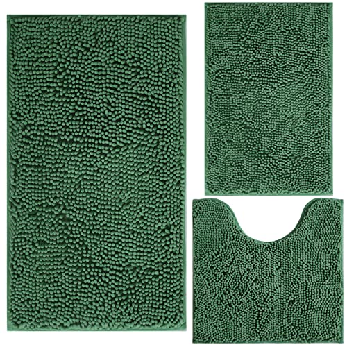 Green Bathroom Rug Chenille 3-Piece Extra Soft and Absorbent Shag Bath Mat Set, Machine Wash Bathroom Rug Set, Strong PVC Non-Slip Underside, Plush Carpet Bath Mat (Dark Green) - color: Dark Green, size: 2'8" x 1'8" (16x24"+20x32"+20x20"U shape）