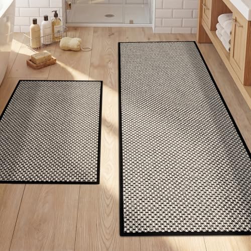 YIHOUSE Thin Bath Mat Black Bathroom Rugs Sets 2 Pieces, Non Slip Absorbent Mats Quick Dry, Woven Rugs Washable, Tapetes para Baño for Bathroom Toliet,Bathtub(17"x24"+17"x47") - color: Black, size: 2Pieces(17"x24"+17"x47")
