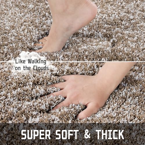 Yimobra Toilet Rugs U Shaped Washable 24X20, Ultra Soft and Water Absorbent Bath Mats, Non Slip Fluffy Shaggy Luxury Microfiber Contour Bath Rugs for Toilet, Dry Quick, Light Brown and White - color: Light Brown and White, size: 20" X 24" Contour Rug