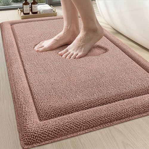 DEXI Memory Foam Bath Mat 24x17, Soft Absorbent Chenille Bathroom Rug, Non Slip Quick Dry Bath Mats for Bathroom, Thick Plush Floor Carpet for Tub Shower, Sink, Shrimp Red - color: Shrimp Red, size: 24" X 17" (Rectangular)