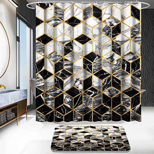 Poedist 4 Pcs Bathroom Shower Curtain Set, Honeycomb Marble Bathroom Sets with Rugs(Bath Mat,U Shape and Toilet Lid Cover Mat) and 12 Durable Hooks - color: Black White