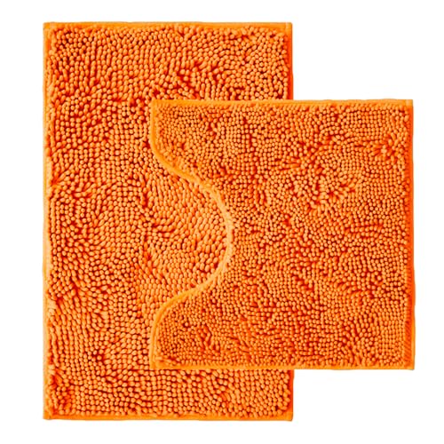 Bathroom Rugs Sets 2 Piece,Super Absorbent Chenille Bath Mats and U-Shaped Toilet Rug,Strong PVC Non Slip Backing,Microfiber Washable Dry Quickly Bath Mats for Bathroom(20"x32"+20"x20"U, Orange) - color: Orange