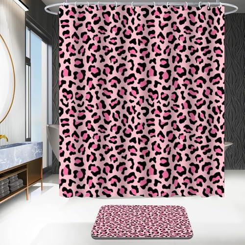 4 PCS Leopard Shower Curtain Cheetah Print Shower Curtain Sets Non Slip Bathroom Rugs Soft Plush Bath Mat Toilet Lid Cover Animal Print Shower Curtains with 12 Hooks for Bathroom Tub, Pink - color: Pink